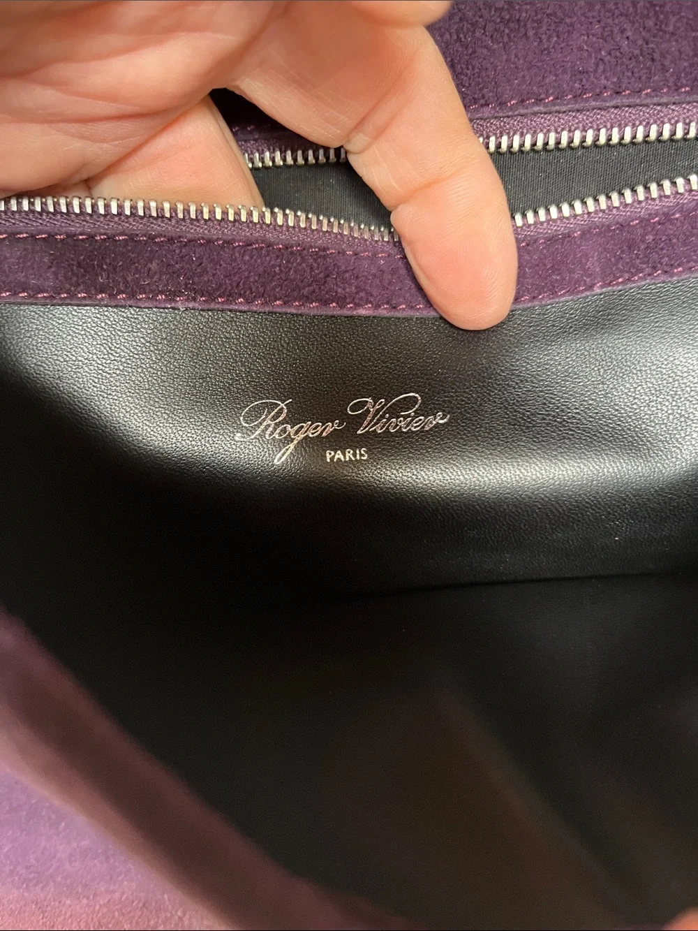 Roger Vivier Suede clutch w/Croc detail.   Loved and worn w/lots more life.